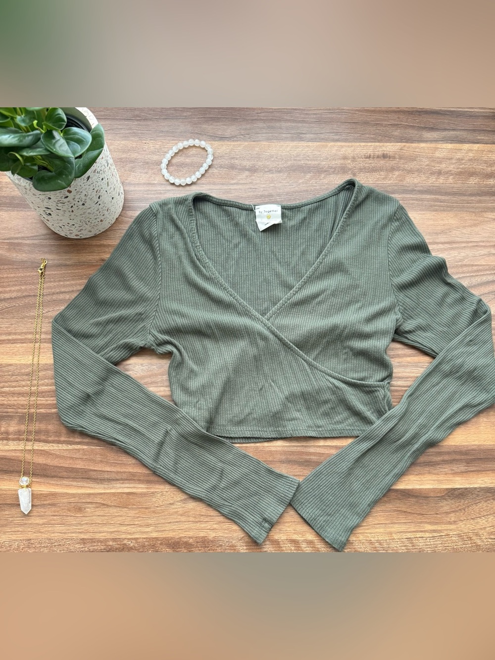 By Together Olive Green Ribbed Wrap Crop Top